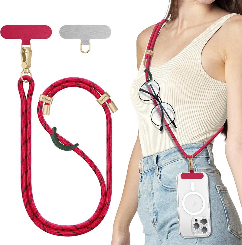 SURPHY Phone Lanyard Crossbody, Adjustable Cell Phone Lanyard with 2 Pack Phone Tether Tab, Two-Color Braided Phone Strap (Christmas Red) - Image 1